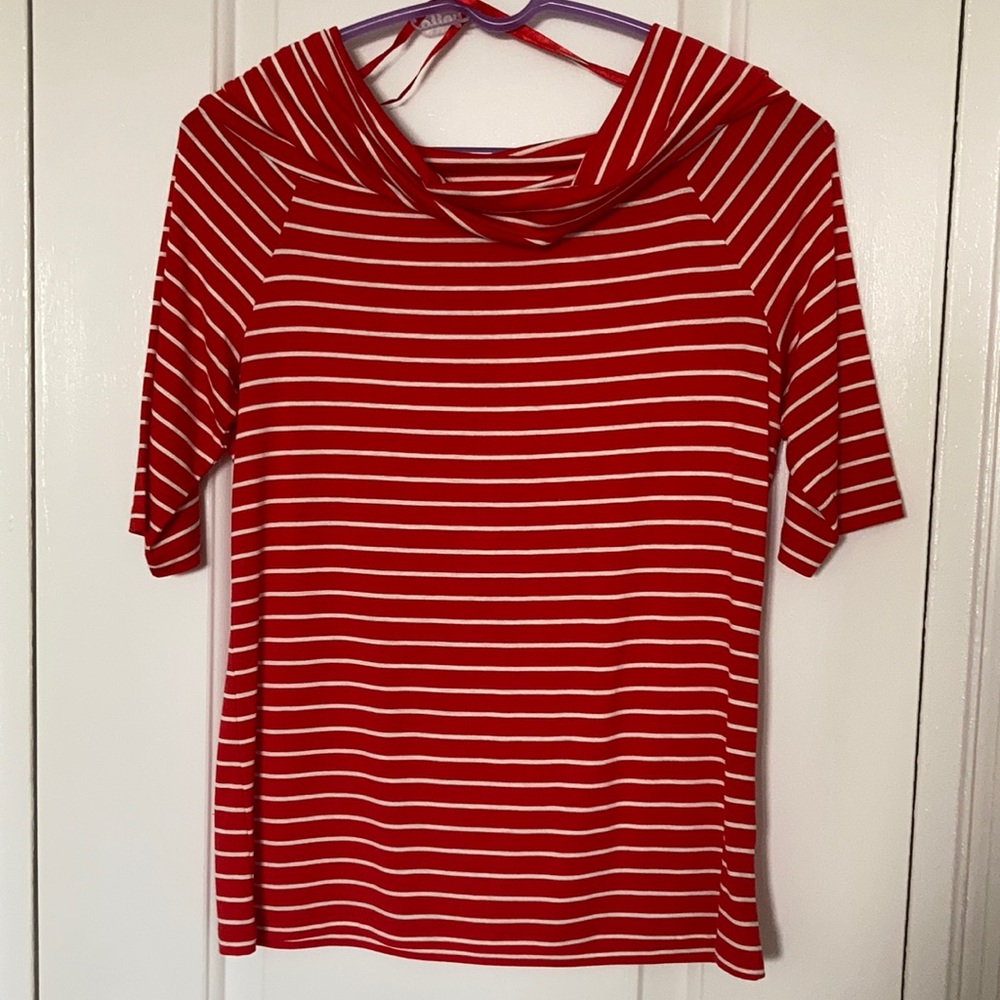 Red and white striped boat neck shirt